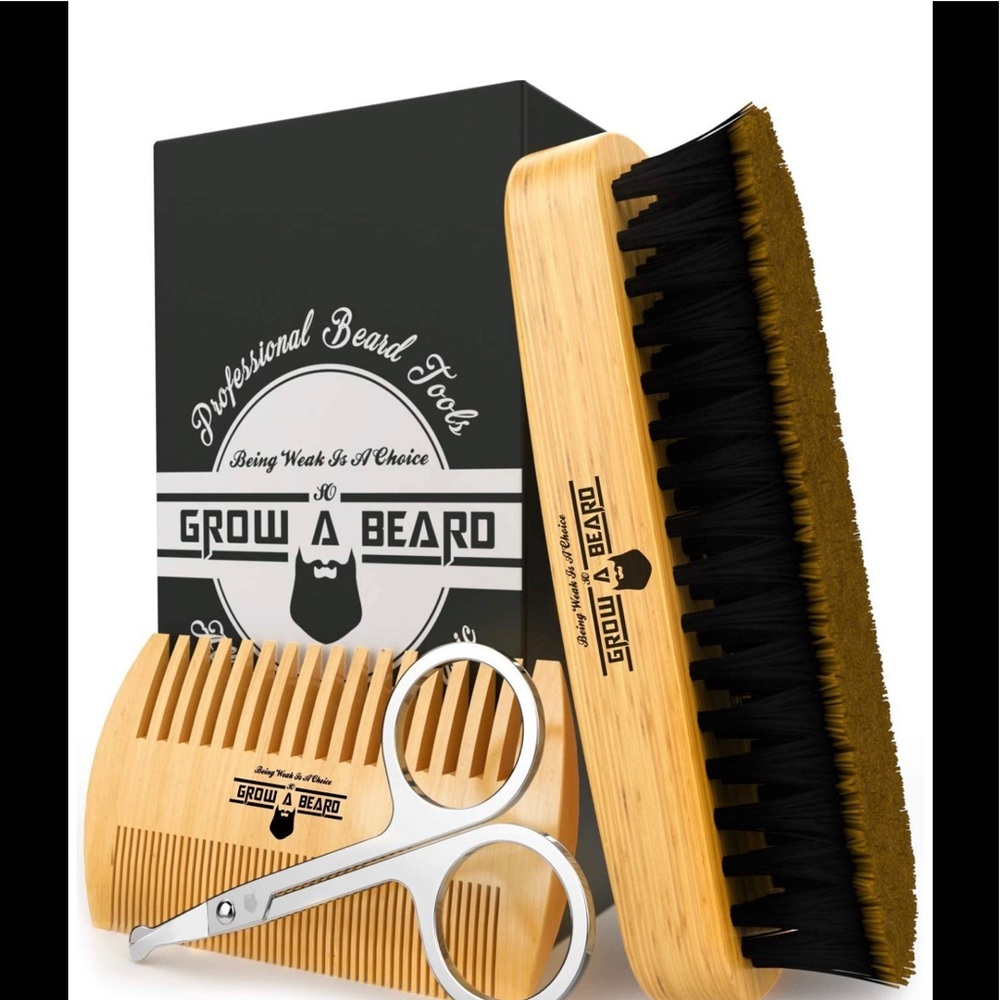 Beard grooming kit, brush, comb, & scissors - new